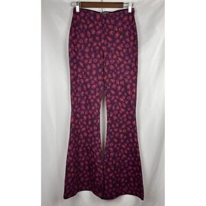Anthropologie Leopard Print Plum Knit Flare Pants Boho Retro Bell Bottom Size XS